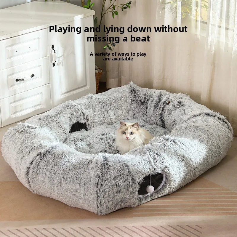 Portable Plush Cat Tunnel Bed 103 cm Large Multi-Function Cat Cave with Hideout Opening