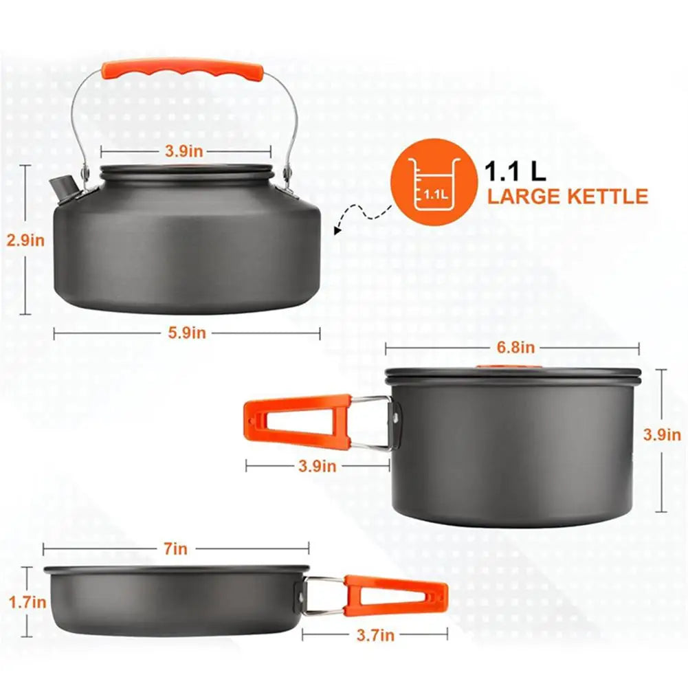 Camping Cookware Set 2-3 Person Aluminum Pots Pans Kettle Kit - Orange