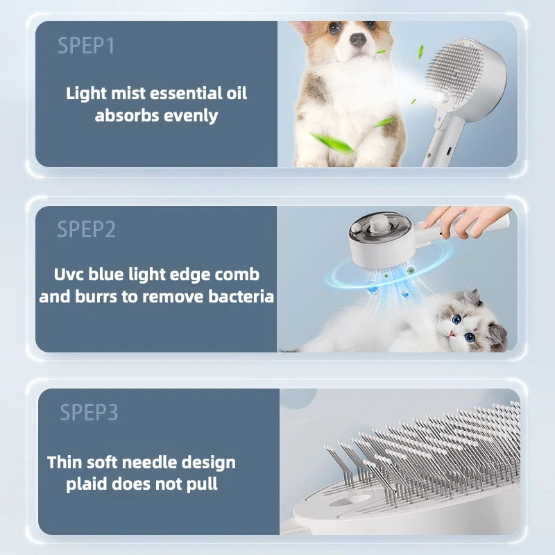 Pet Grooming Comb Rechargeable UV Fur Care Spray Hair Removal One Click Cleaning Brush
