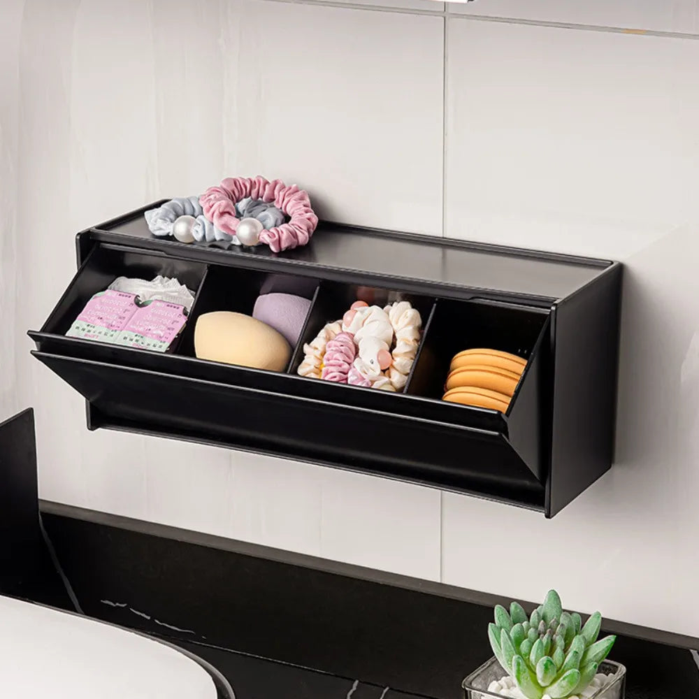 Wall Mounted Magnetic Storage Box No Drill Bathroom Organizer Cotton Swab Holder with Flip Lid – Black