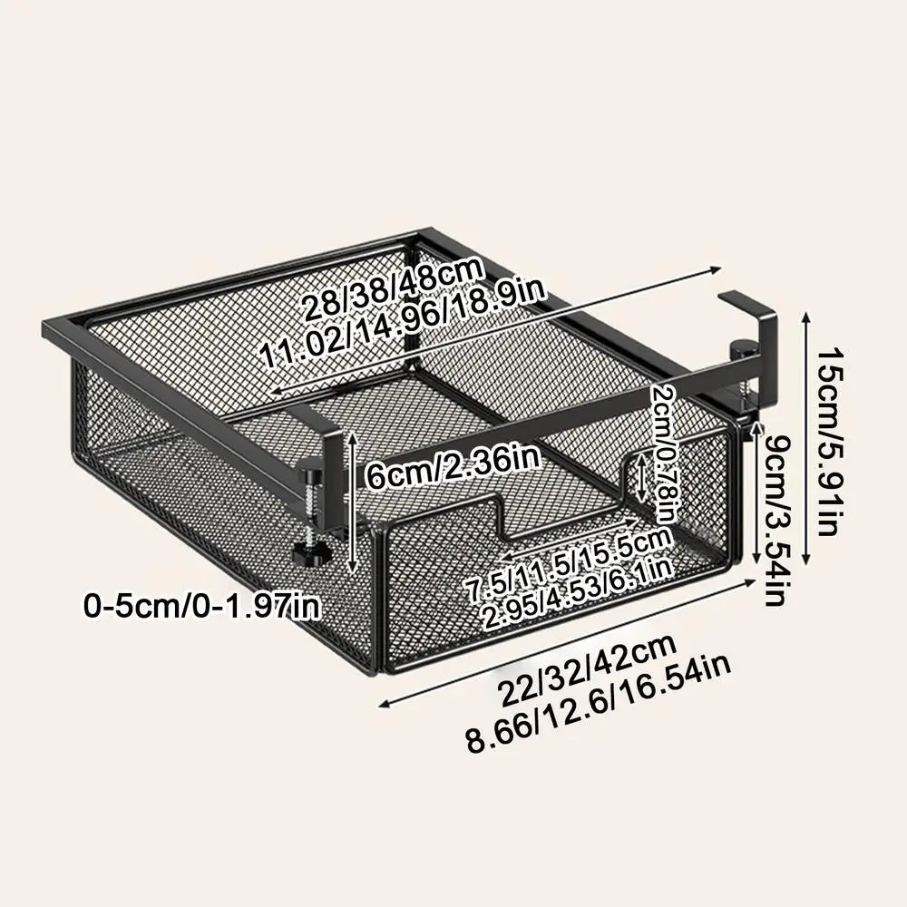 Under Desk Drawer 38 cm Slide Out Storage No Drill Clamp On Organiser - Black