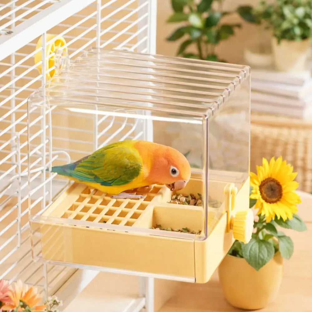 Transparent Parrot Bath Feeder Box Bird Bathtub with Bottom Drawer Splash Proof Cage Accessory – White