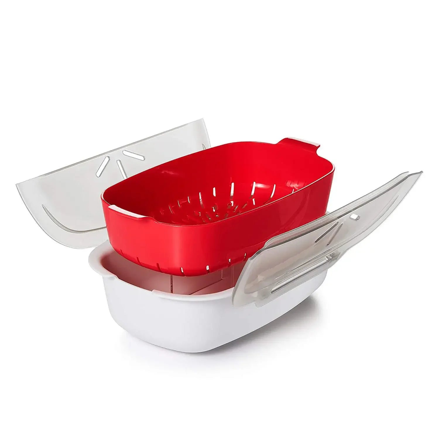 Microwave Food Steamer with Lid Large Capacity Plastic Steam Cooker for Vegetables Fish Dumplings and Buns – Red