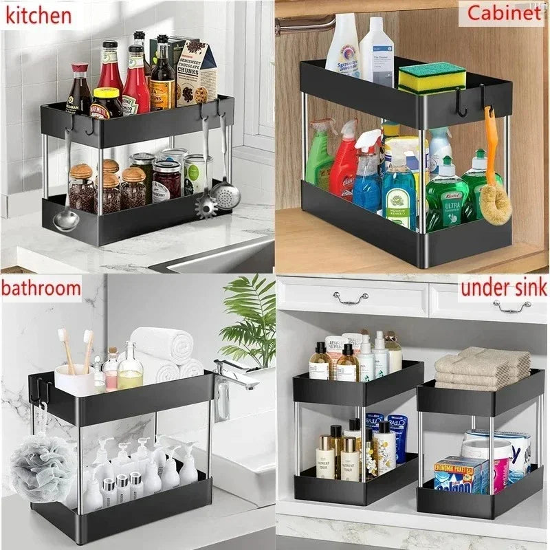 2 Tier Under Sink Storage Organizer with Sliding Drawer and Side Hooks Cabinet Shelf Rack – Black