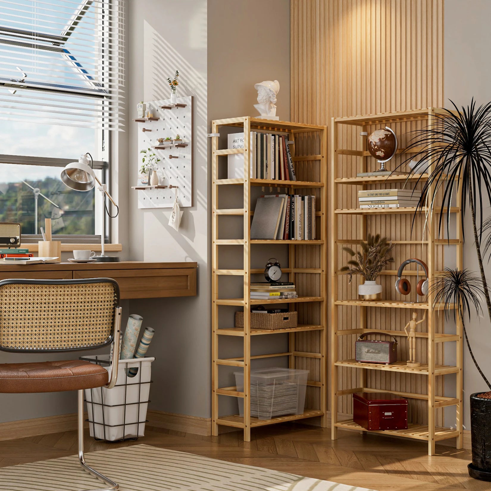 6 Tier Bamboo Storage Shelf Freestanding Bookcase Adjustable Shelving Unit for Living Room Bathroom and Kitchen – Natural Wood