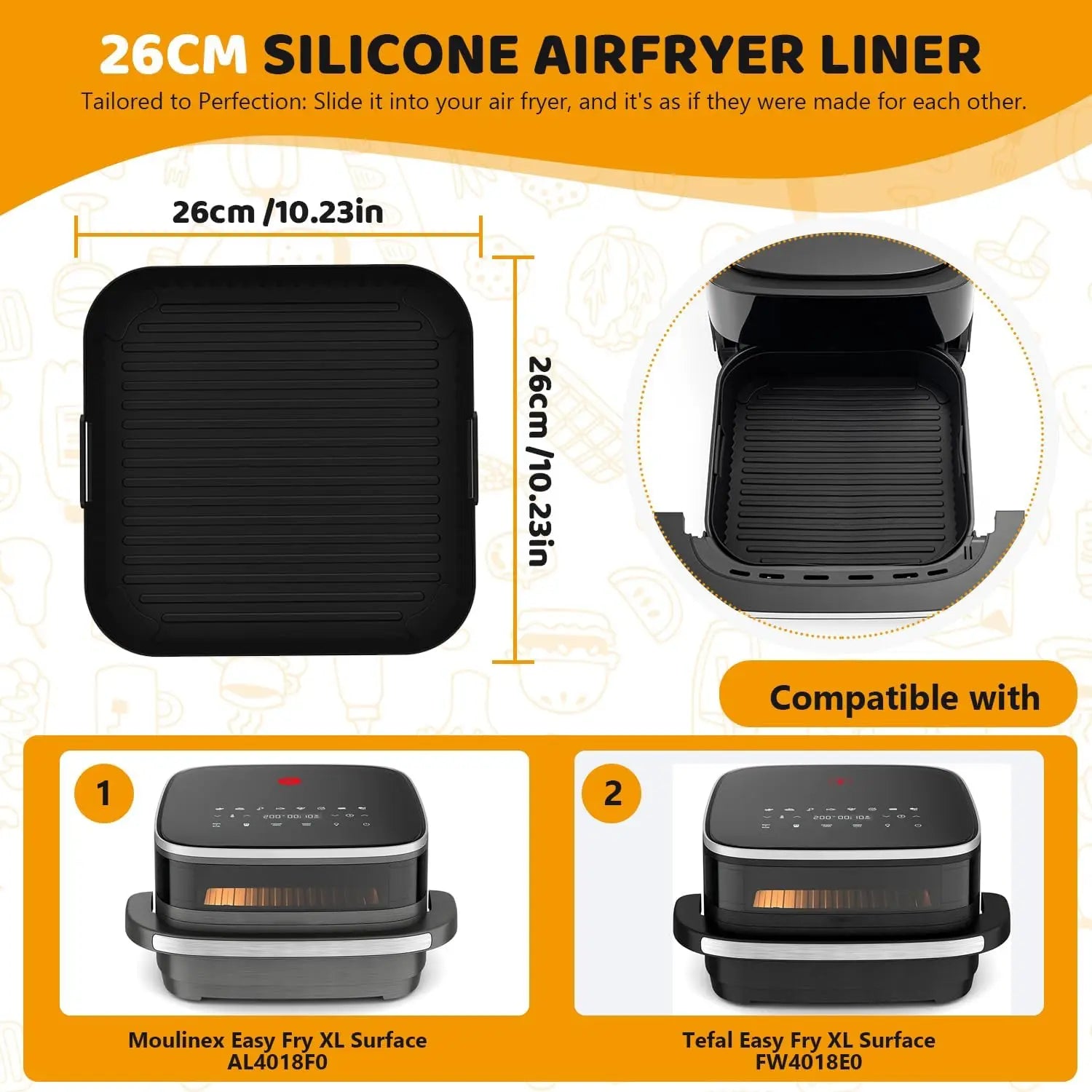 Reusable Non-Stick 26cm Air Fryer Silicone Liner Easy Clean Baking Tray for Easy Fry XL – Black