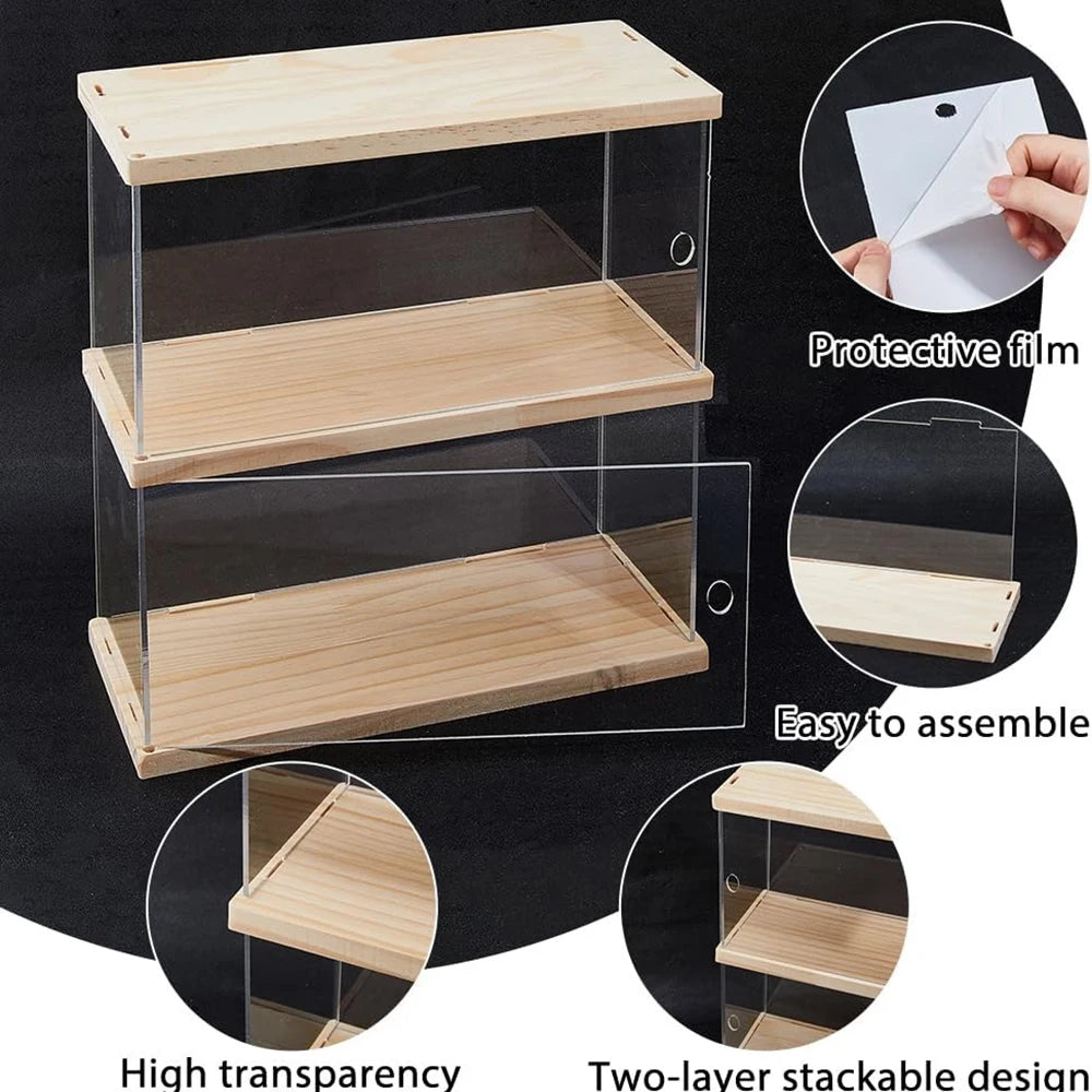 Display Case Acrylic Showcase with Wood Base 2 Tier Figurine Storage Box