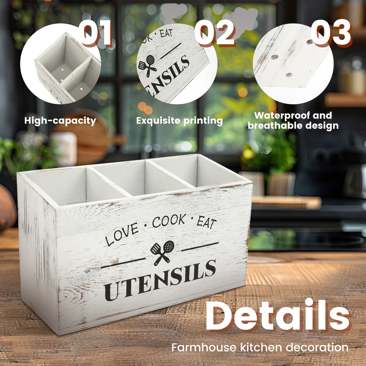 Utensil Holder 3 Compartment 30 × 12 × 17.5 cm Wooden Kitchen Cutlery Organiser - Brown