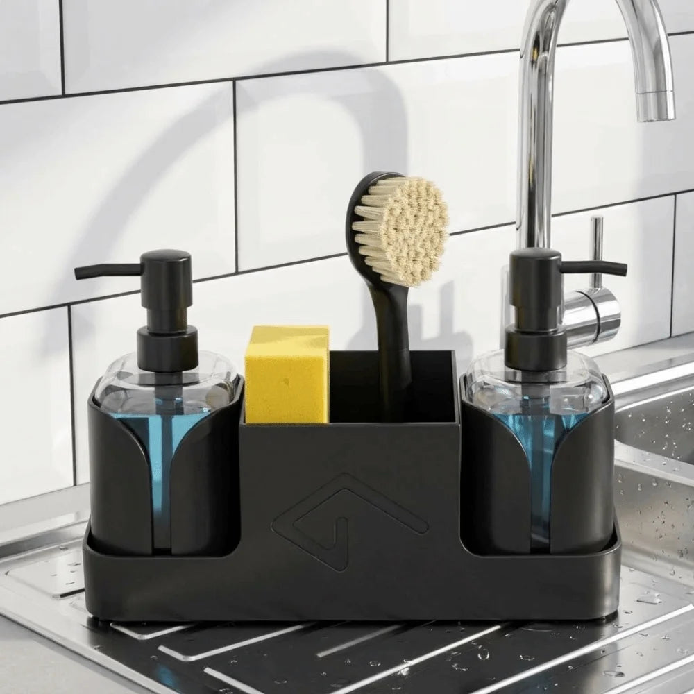 2 in 1 Kitchen Soap Dispenser with Sponge Holder Refillable Sink Caddy and Storage Tray – White