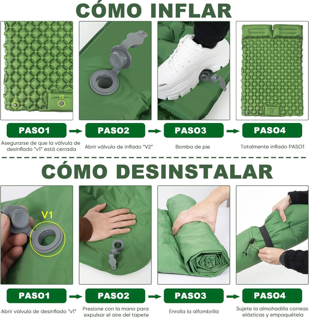 Camping Sleeping Pad Double Inflatable Mattress 190cm Portable Ultralight Folding Bed - Green
