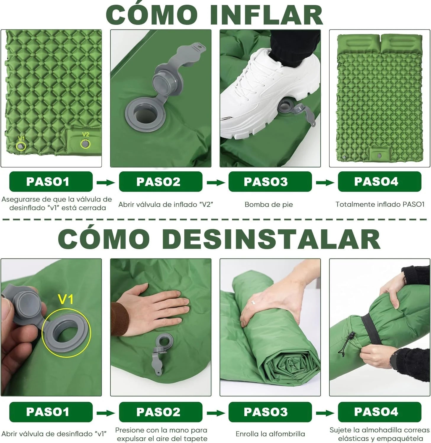 Camping Sleeping Pad Double Inflatable Mattress 190cm Portable Ultralight Folding Bed - Green