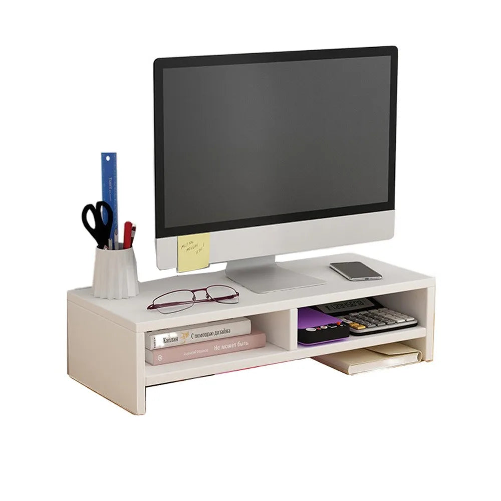 Wooden Monitor Stand Riser Double Layer Desktop Organiser with Storage Shelf – White