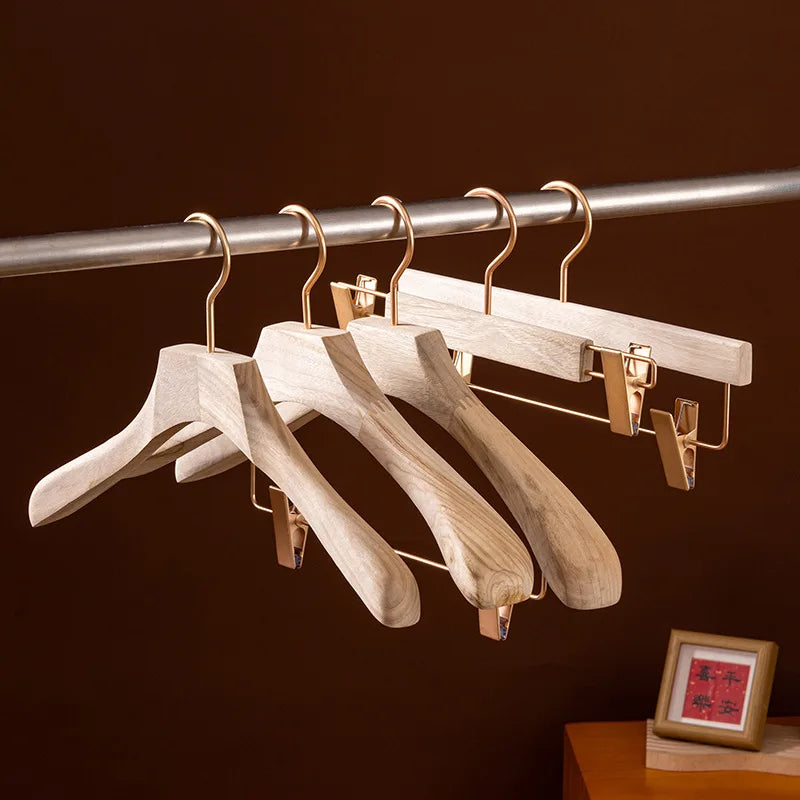 Wooden Clothes Hangers 2 Pack Wide Shoulder Wardrobe Organiser with Trouser Clips