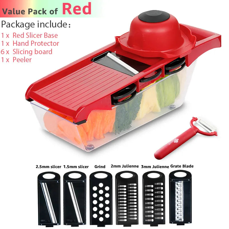 6-in-1 Vegetable Cutter and Grater Mandoline Slicer with Storage Container and Peeler – Red