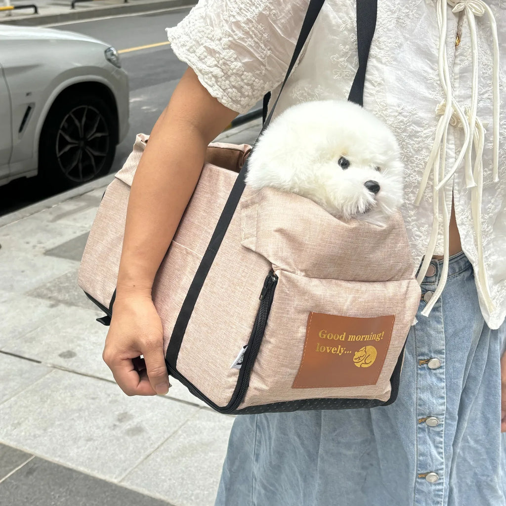 Pet Travel Carrier Portable Padded Oxford Fabric Vehicle Bed with Zipper - Beige
