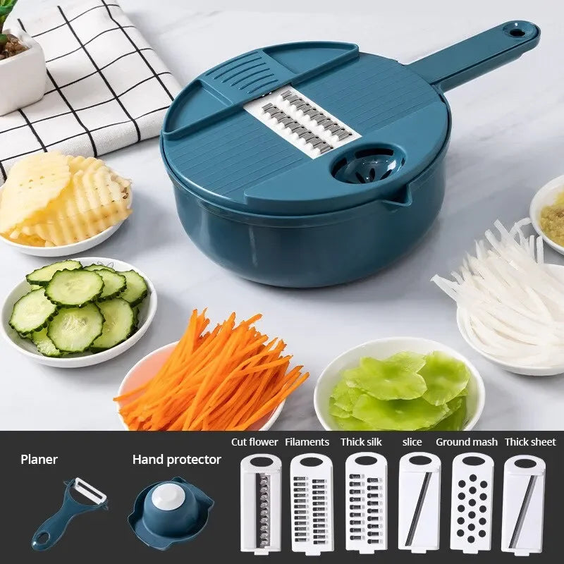 9-in-1 Multifunction Vegetable Chopper Manual Slicer & Shredder – Blue
