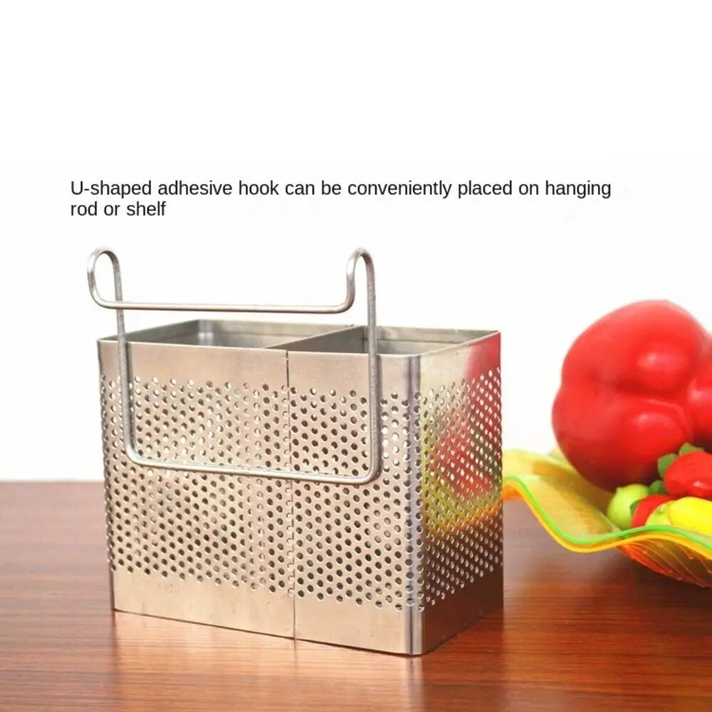 Chopstick Holder Stainless Steel Double Grid Utensil Drainer with Hooks - Silver