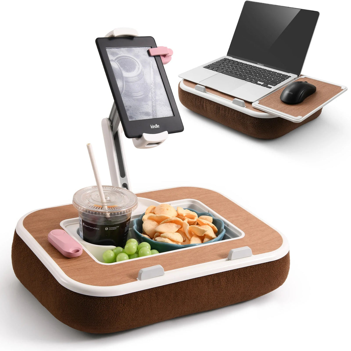 Adjustable Pillow Lap Desk with 360° Rotating Phone Tablet Holder and Storage Tray – Brown