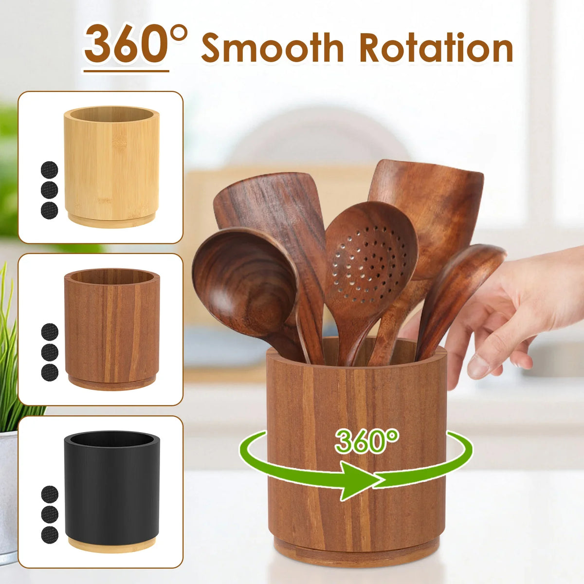 Utensil Holder Rotating 360 Degree Wooden Kitchen Benchtop Organiser - Brown