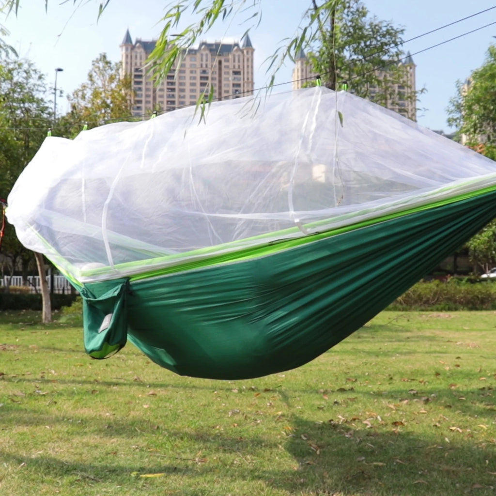 Camping Hammock Double Size Portable Nylon Hanging Bed with Mosquito Net 300cm - Green