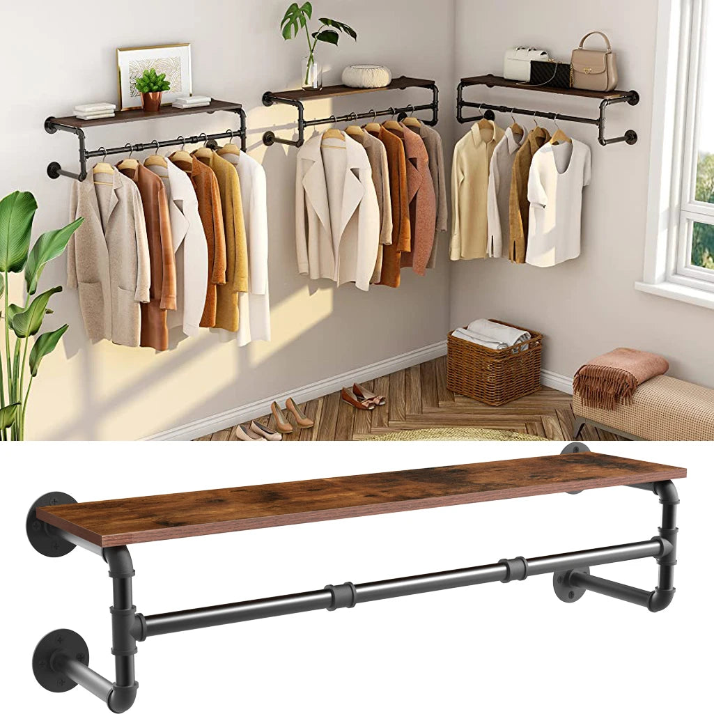 Garment Rack Wall Mounted Industrial Pipe Shelving Floating Clothing Display – Brown