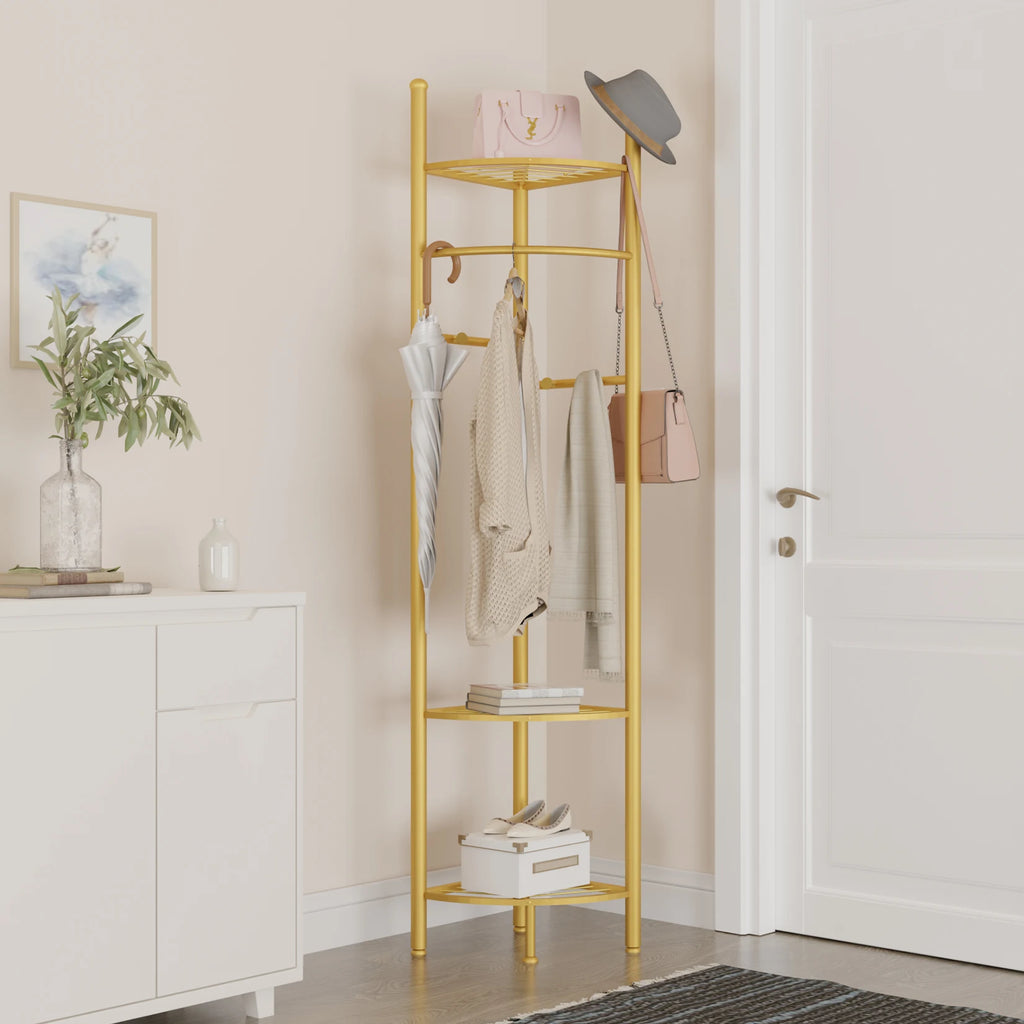 Freestanding Gold Coat Rack with Storage Shelves Heavy Duty Metal Hall Tree for Bedroom Entryway and Hallway