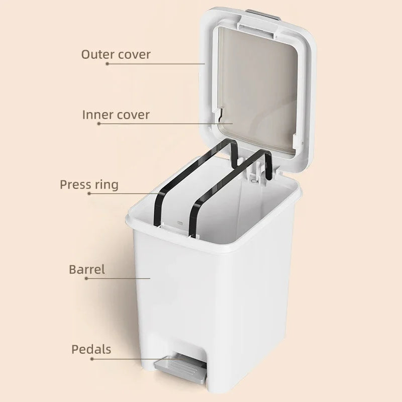 Foot Pedal Trash Can Double Opening Lid Rectangular Plastic Bin for Bathroom Kitchen 10L