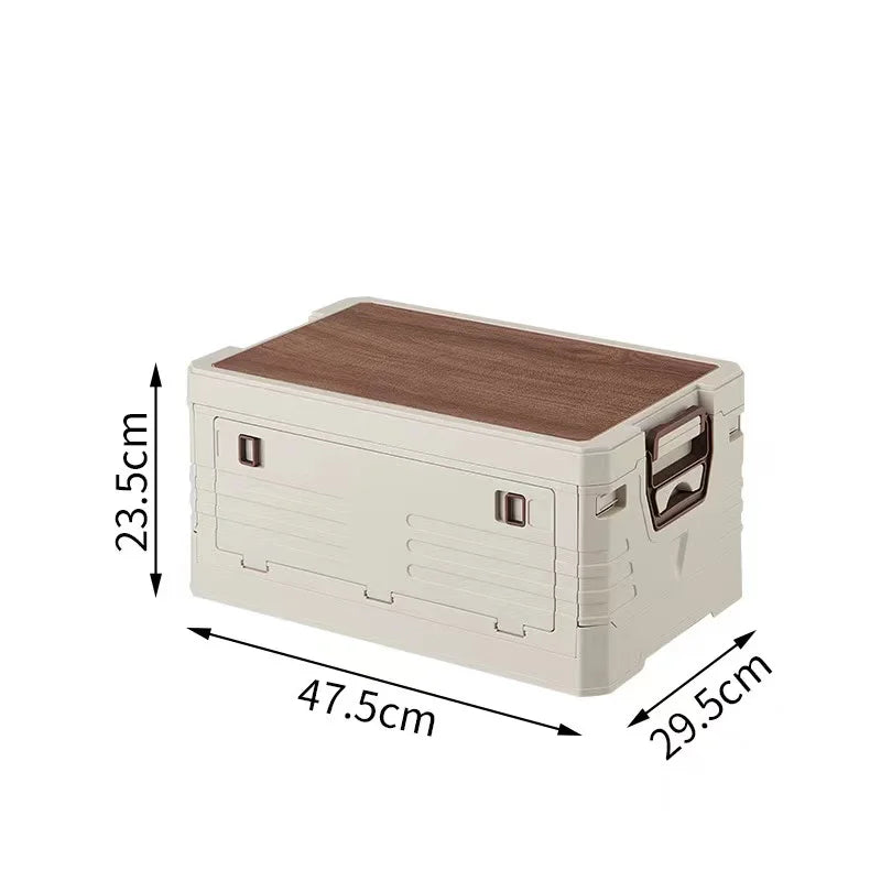35L Foldable Camping Storage Box Portable Car Organizer with Wooden Lid and Carry Handles