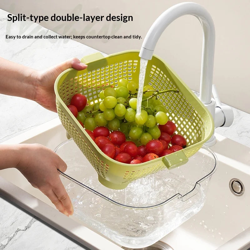 Kitchen Double Drain Wash Basket Large Capacity Fruit and Vegetable Washing Basin with Colander – Green