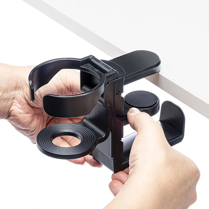 Clamp-On Desk Cup Holder with Headphone Hanger 360° Rotating Mug Holder Under Desk Organizer – Black