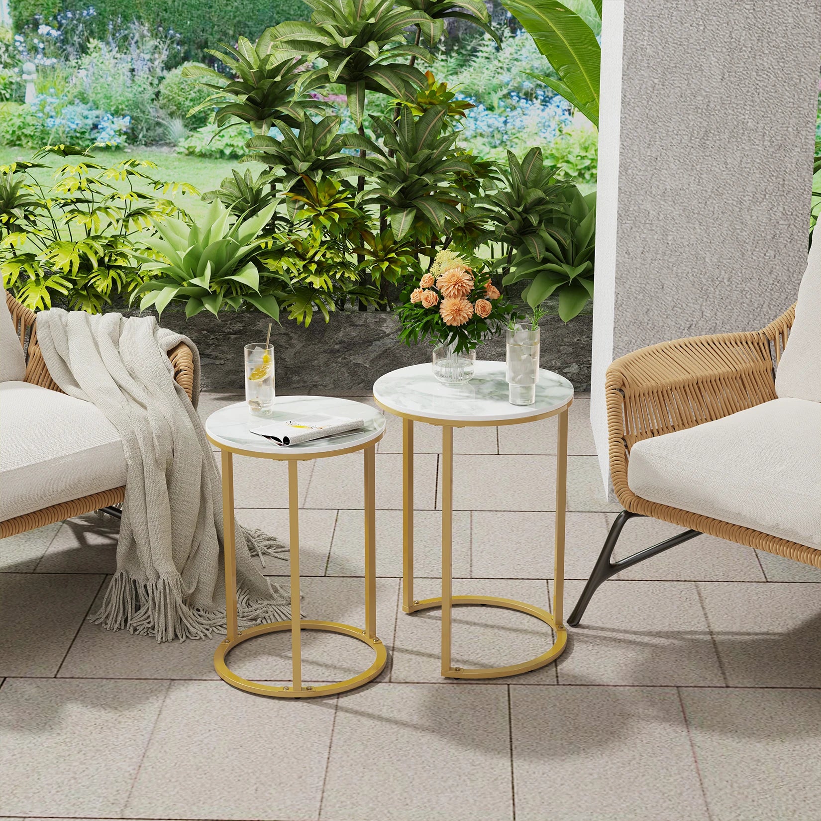 Nesting Side Table Set 2 Piece Sintered Stone Top Round Metal Base – Gold