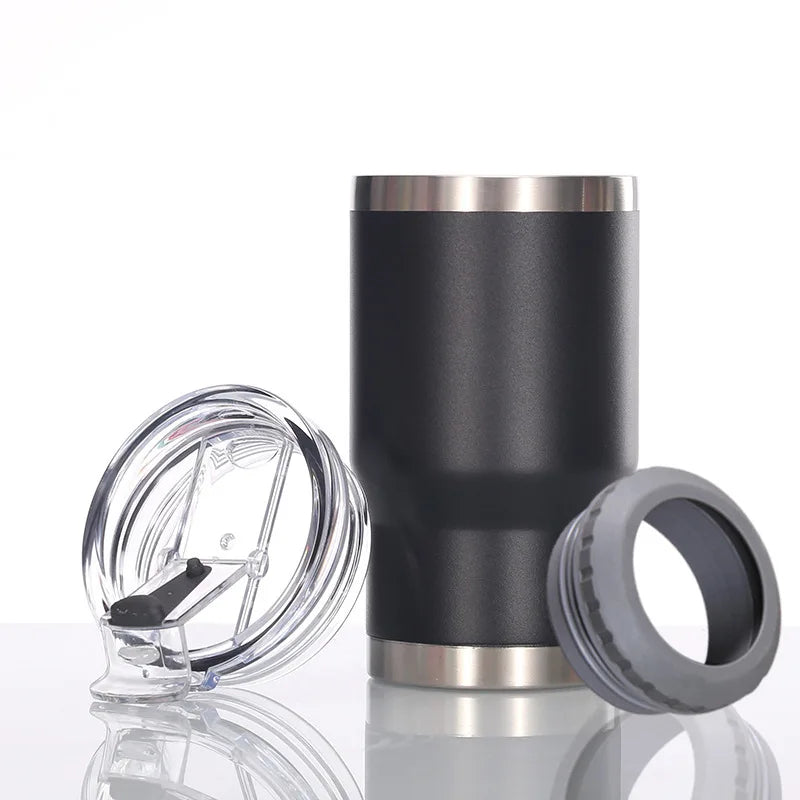 14oz Stainless Steel Insulated Can Cooler Tumbler with Dual Lids and Bottle Opener – Black