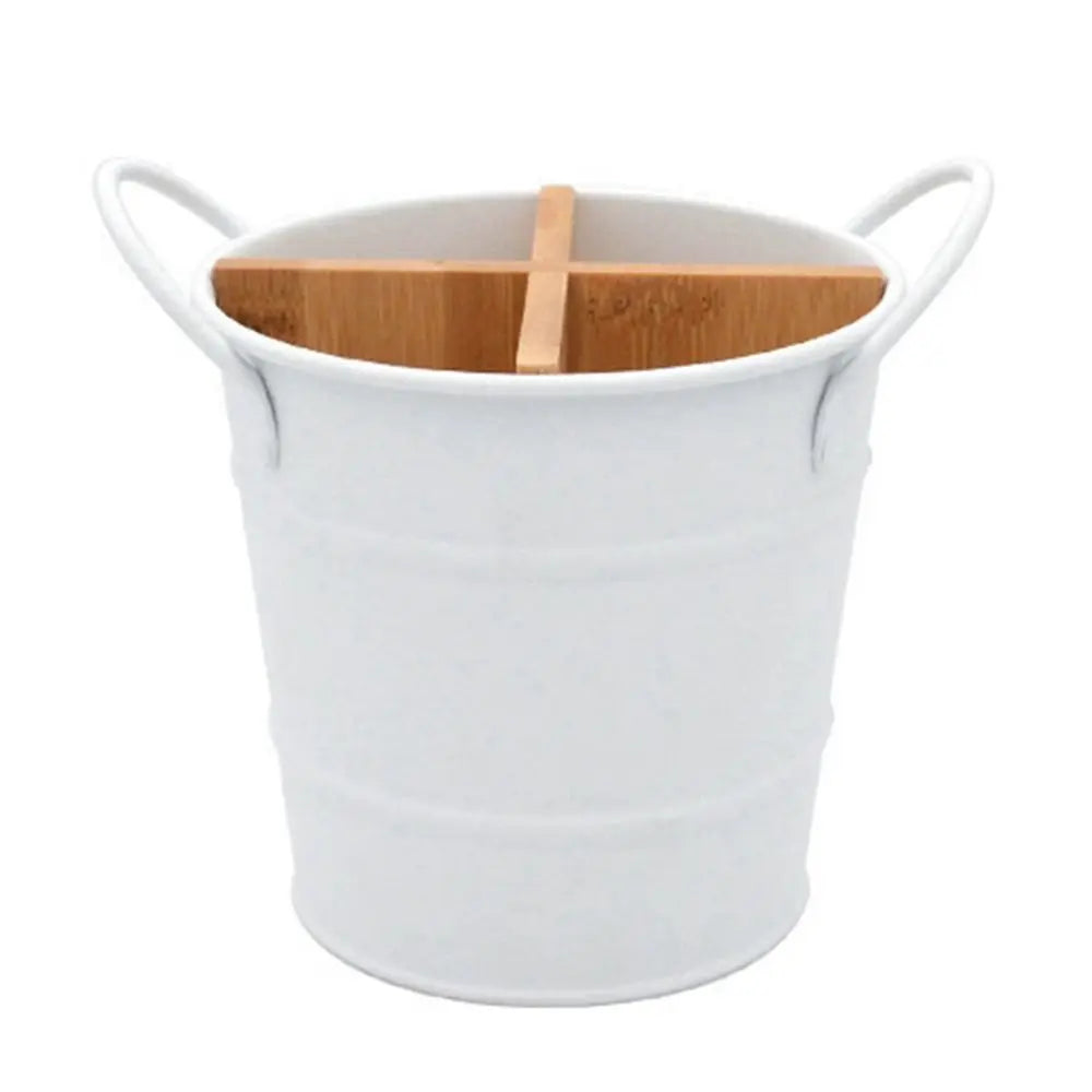 Kitchen Utensil Holder Cutlery Organizer Storage Rack with Bamboo Divider for Spoons Chopsticks and Cooking Tools – White