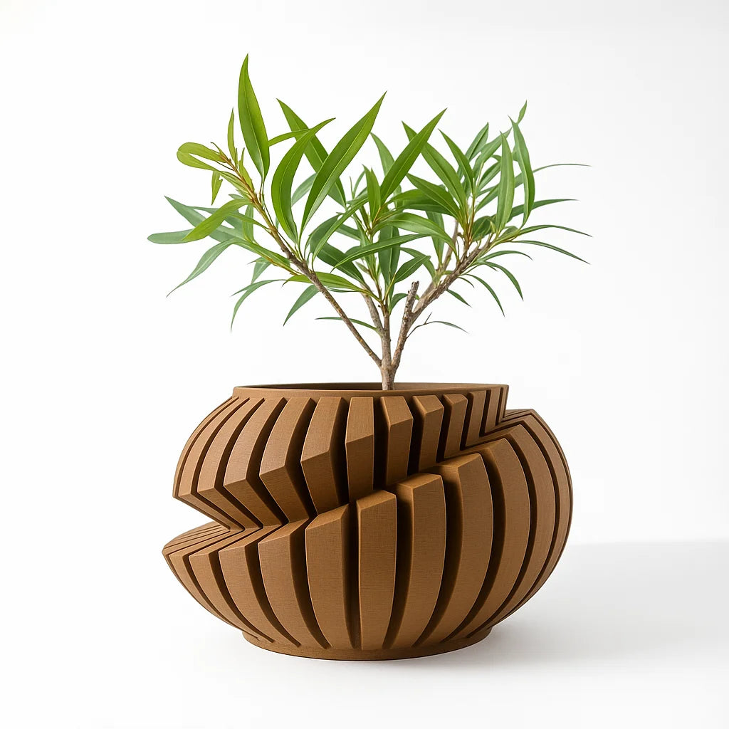 3D Printed Flower Pot PLA Geometric Textured Planter for Desktop Decor -  Matte Earth Brown