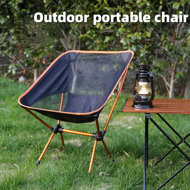 Camping Folding Chair Portable Moon Chair Ultralight Aluminum Outdoor Seat Backrest - Black