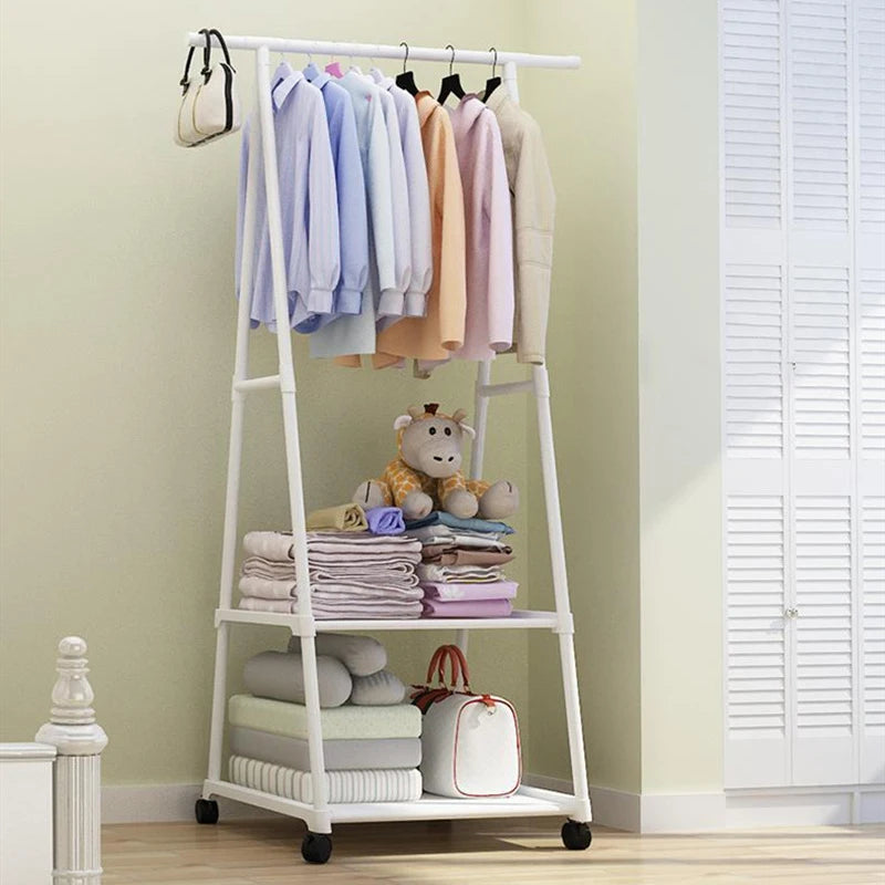 Clothes Rack with Wheels Foldable Multi Layer Storage Organizer Double Pole Hanging Rack - White