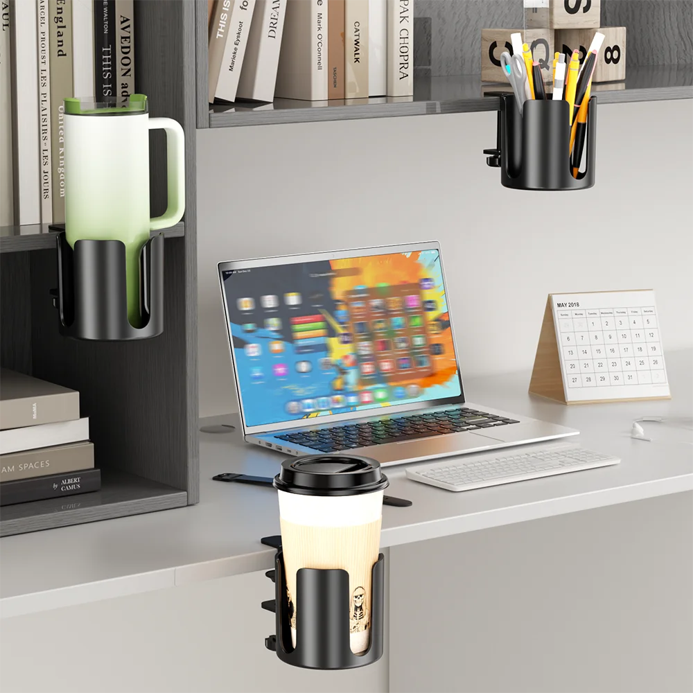 Clamp-On Desk Cup Holder No Drill Drink Cup Organizer for Coffee Mugs and Water Bottles – Black