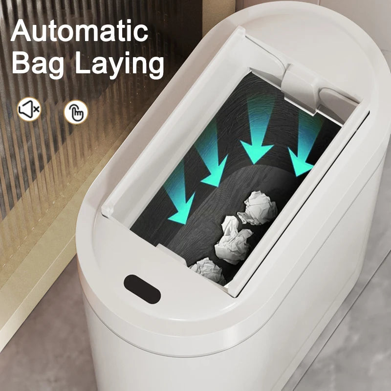 Trash Can Portable 9L Automatic Lid Narrow Wall Mount Waste Bin with Bag Storage White