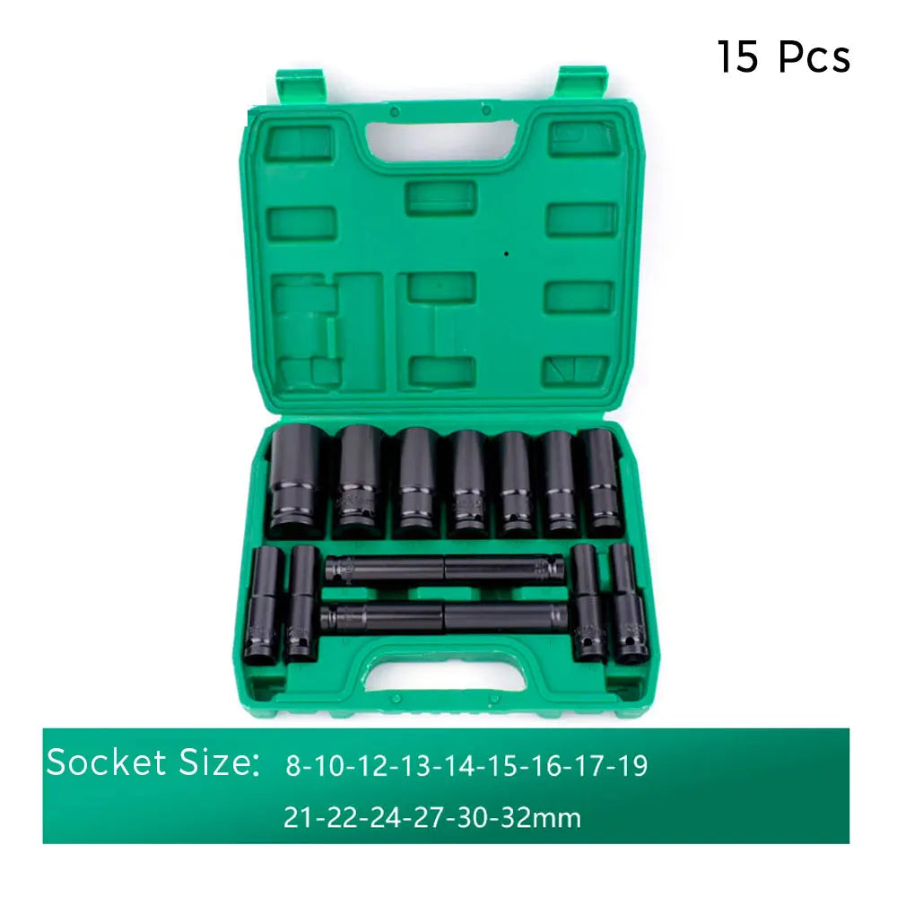 1/2" Drive Socket Set 15PCS Metric Deep Sockets 6-Point Impact with Portable Storage Case