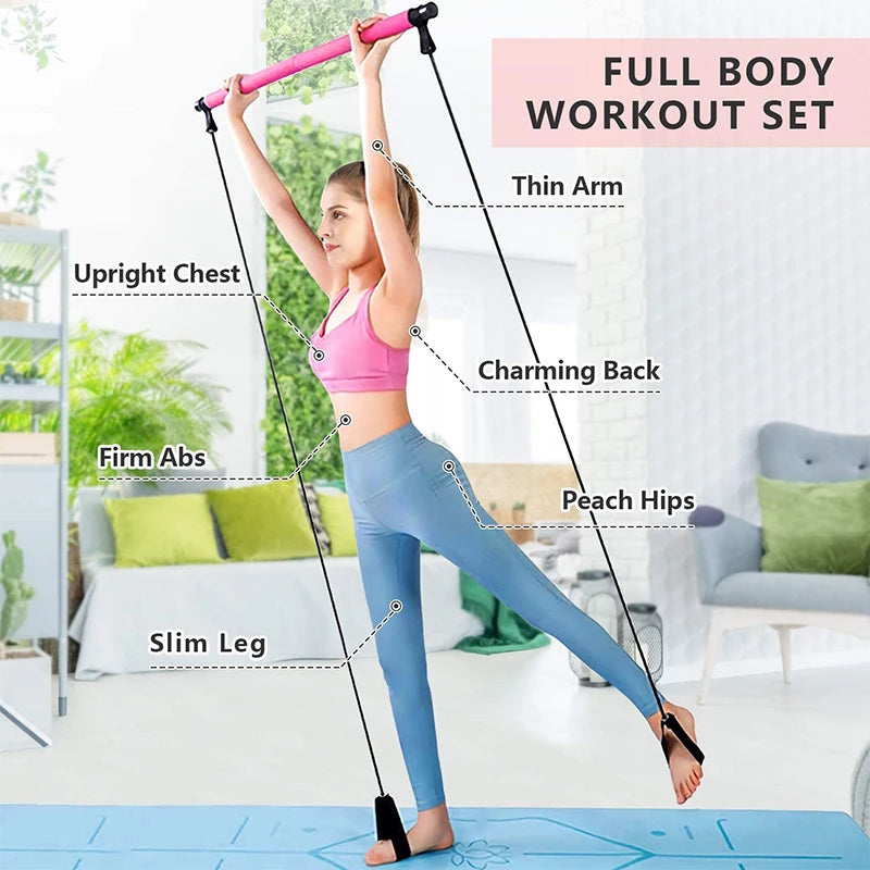 Pilates Bar Portable Resistance Training Stick Detachable Fitness Bar with Bands Home Workout Tool - Pink