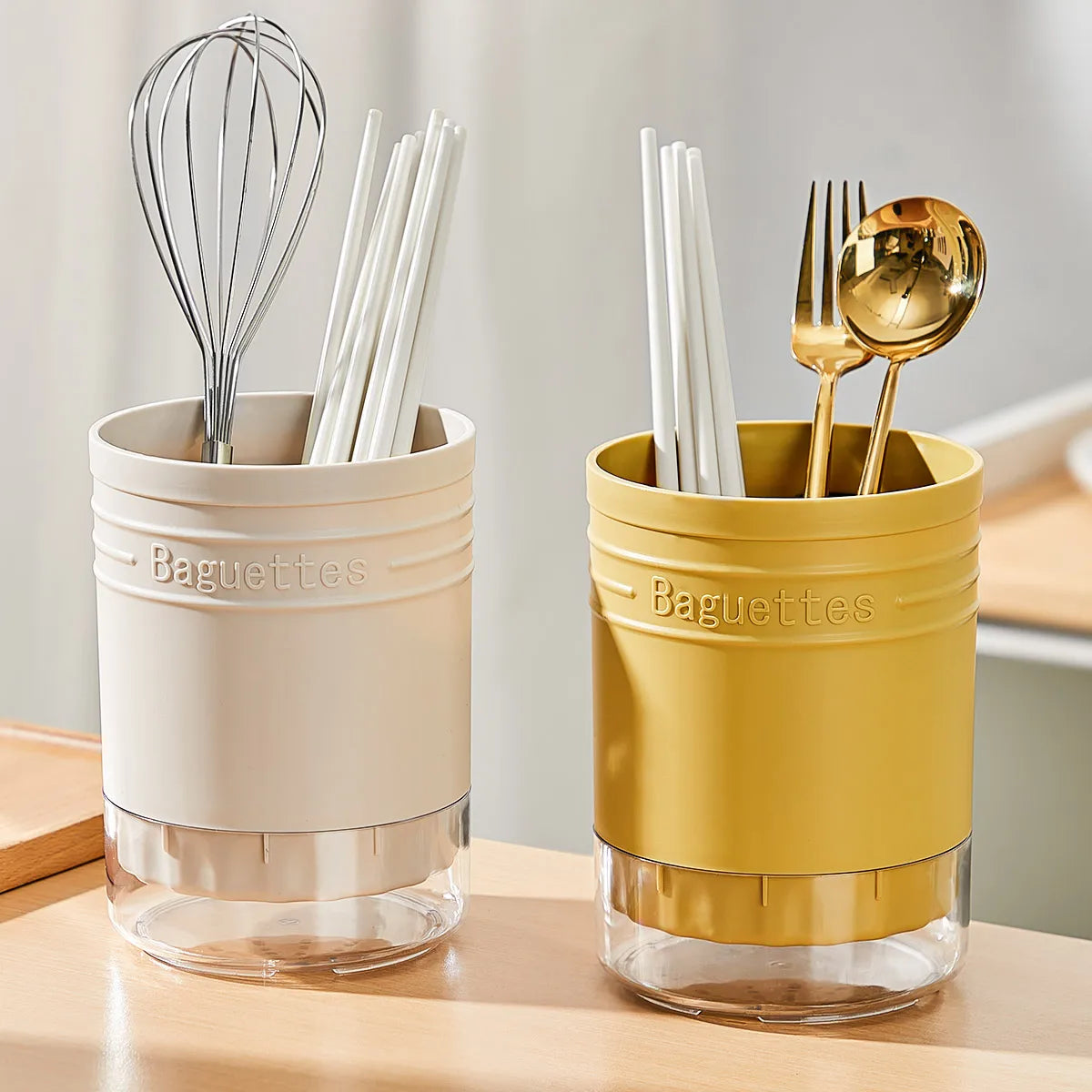 Cutlery Storage Holder Plastic Kitchen Utensil Organizer with Drainage - Yellow