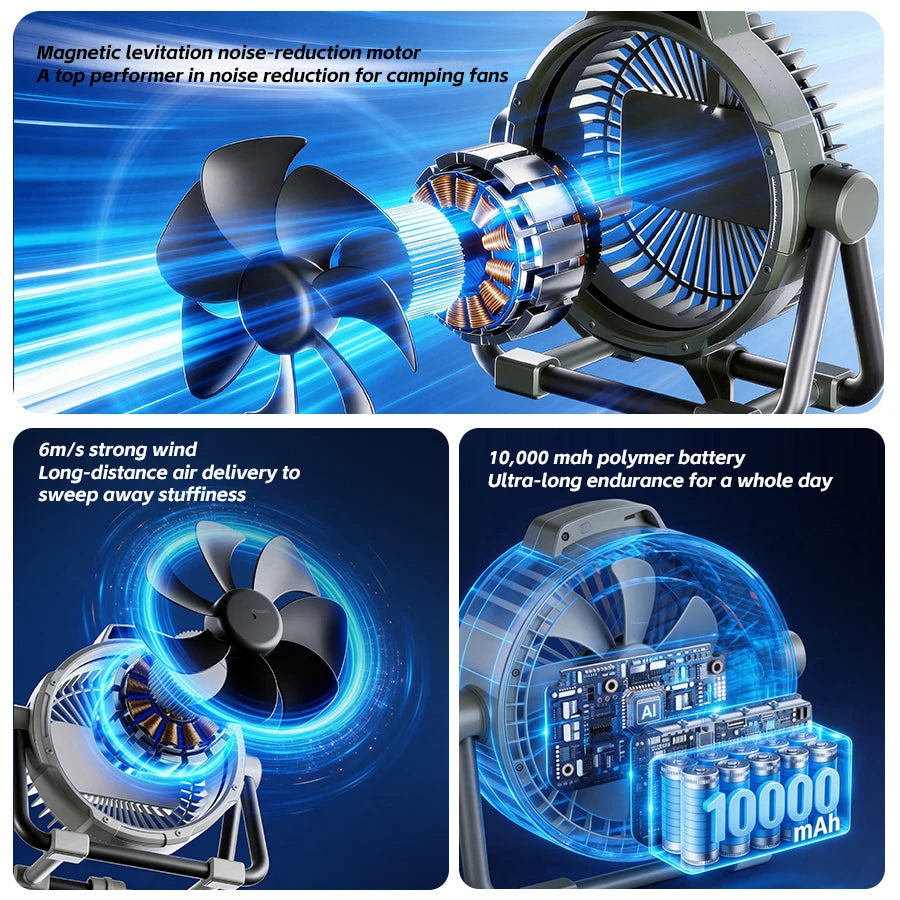 Camping Fan 10000mAh Rechargeable Portable Tent Air Circulator with LED Light – Green