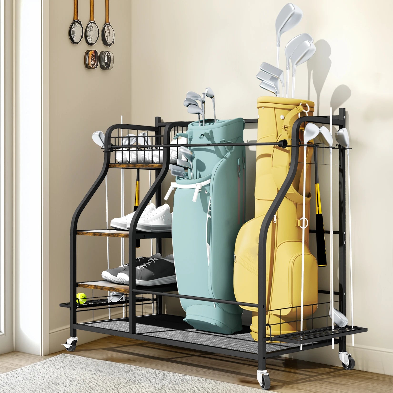 Rolling Golf Bag Organizer Rack with Shelves Sports Equipment Storage Stand on Wheels – Black