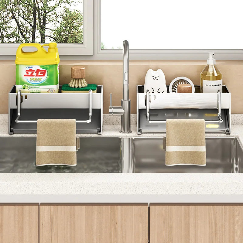 Stainless Steel Sink Storage Rack Kitchen Sponge Holder with Towel Bar Draining Organizer – Steel
