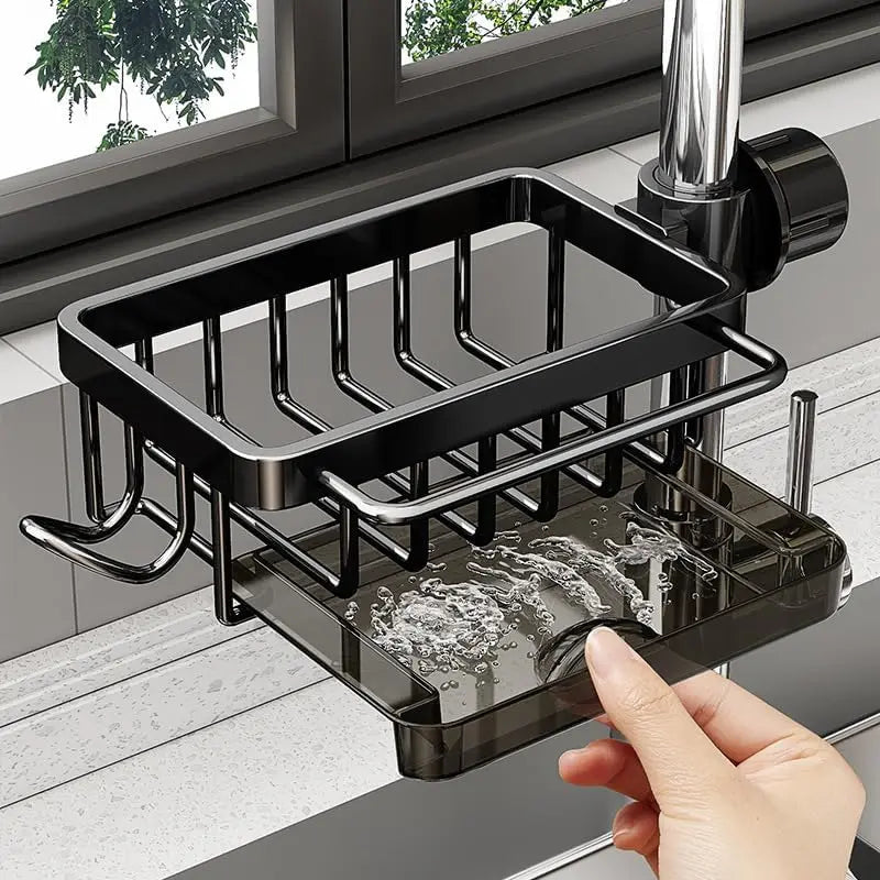 Kitchen Sink Faucet Organizer 3-in-1 Sponge Holder Storage Rack with Drain Tray and Towel Bar – Silver