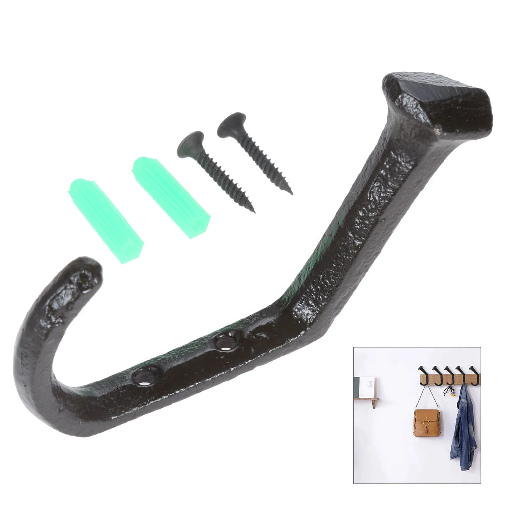 6 Pack Cast Iron Wall Hooks Heavy Duty Rustic Coat Hooks for Clothes Hats Bags and Towels – Black