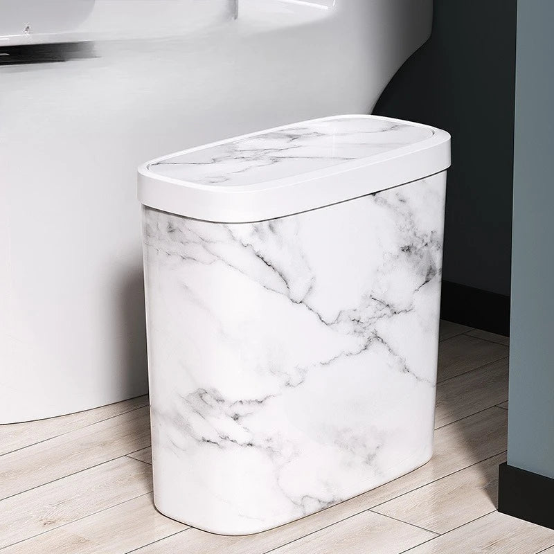Slim Trash Can Wood Grain Design Swing Lid Compact Garbage Bin for Bathroom Kitchen White