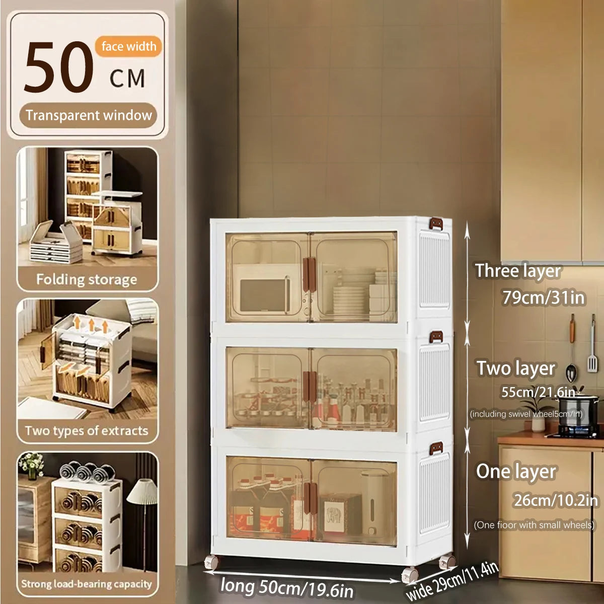 Foldable Storage Cabinet 3 Tier 50 cm Stackable Boxes with Lid and Wheels