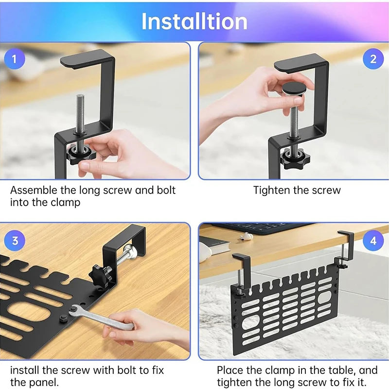 Under Desk Cable Management Tray Clamp-On Wire Organizer with Cable Clips for Office and Gaming Desk – Black