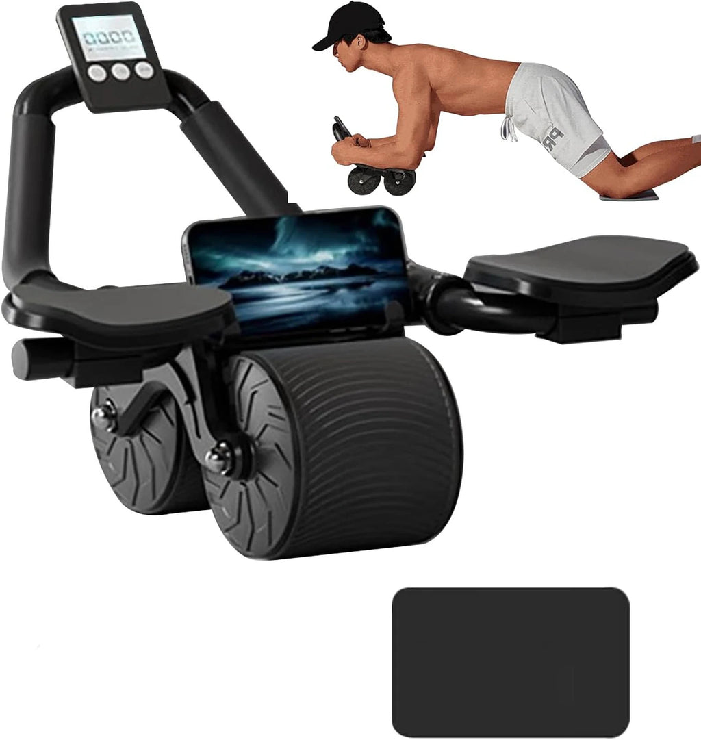 Abdominal Roller Wheel Automatic Rebound Double Wheel Core Trainer with Counter Display - Black
